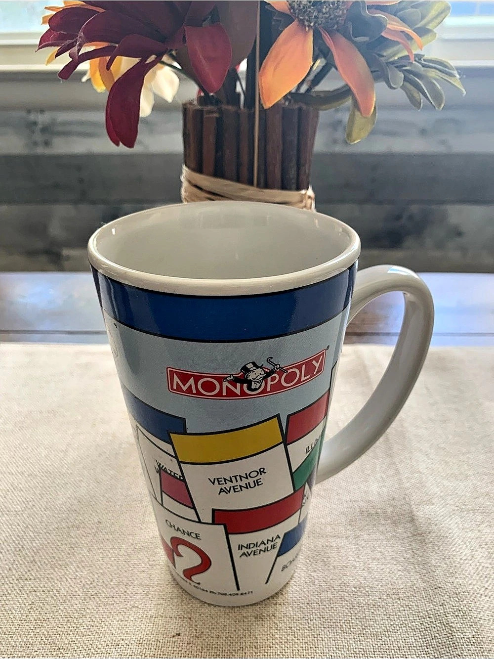 Monopoly board game mug in White & Blue